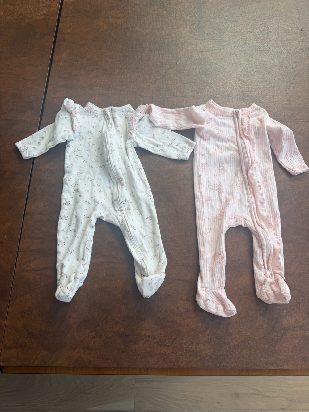 Baby Girls Pink and White Floral Footed One-Piece Sleepers - 2-Pack